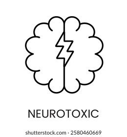 A brain icon in vector, split by a lightning bolt, symbolizing neurotoxic disruption, with an editable stroke.