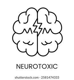 A brain icon in vector, split with a zigzag lightning bolt, symbolizing neurotoxicity and cognitive impact, with an editable stroke.