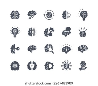 Brain icons black set. Brainstorming, awareness. Idea and insight. Biology and anatomy infographics. Imagination and inspiration. Cartoon flat vector illustrations isolated on white background