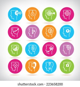 brain icons, creative thinking icons, colorful circle buttons set