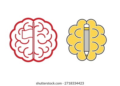 Iconos del cerebro con bandera y lápiz que simbolizan ideas y creatividad en el pensamiento