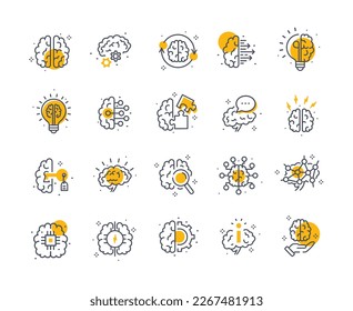 Conjunto de líneas de iconos de cerebro. Colección de elementos gráficos para el sitio web. Creatividad y habilidades y capacidades cognitivas, conciencia. Ilustraciones de caricaturas de vectores planos aisladas en fondo blanco