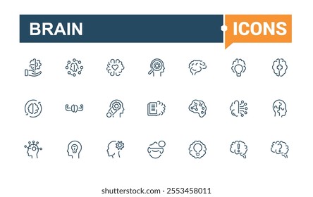 Brain icons in linear style. Includes thin line psychology, intelligence, mental, brainpower, human, growth, thinking, mental health. Minimal linear icons. Editable vector icon and illustration.