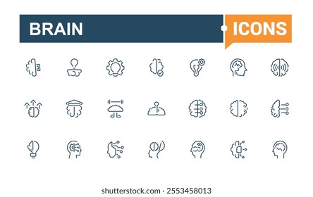 Brain icons in linear style. Includes thin line psychology, intelligence, mental, brainpower, human, growth, thinking, mental health. Minimal linear icons. Editable vector icon and illustration.