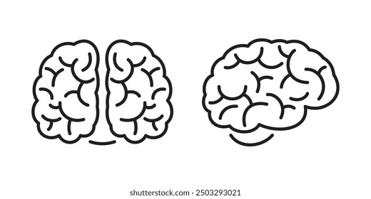 Brain icons on the front and side, clear lines, outline style, for scientific and medical themes.