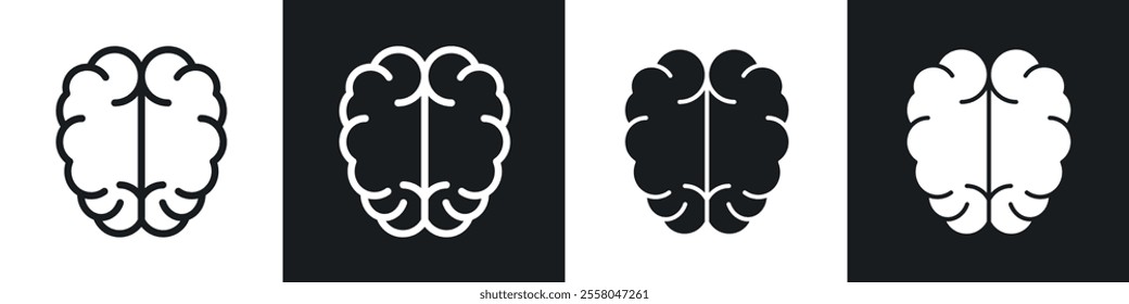 Brain icons pack in black and white filled and outlined versions.