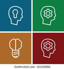 Brain icons set. set of 4 brain outline icons such as keyhole in head, gear in head