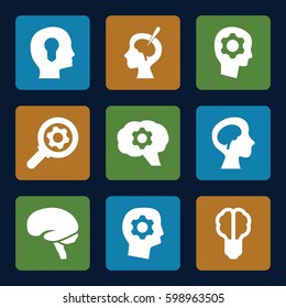 brain icons set. Set of 9 brain filled icons such as gear in head, head with keyhole