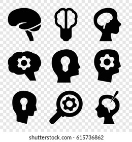 Brain icons set. set of 9 brain filled icons such as keyhole in head, head with keyhole, gear in head