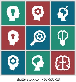 Brain icons set. set of 9 brain filled icons such as keyhole in head, gear in head, head with keyhole