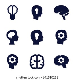 Brain icons set. set of 9 brain filled icons such as keyhole in head, gear in head, head with keyhole