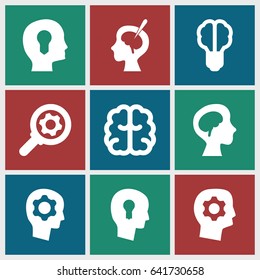 Brain icons set. set of 9 brain filled icons such as keyhole in head, gear in head, head with keyhole