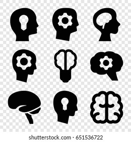 Brain icons set. set of 9 brain filled icons such as keyhole in head, gear in head, head with keyhole