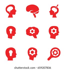 Brain icons set. set of 9 brain filled icons such as keyhole in head, gear in head, head with keyhole