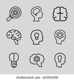 Brain icons set. set of 9 brain outline icons such as keyhole in head, gear in head, gear