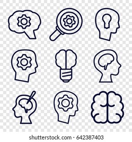 Brain icons set. set of 9 brain outline icons such as keyhole in head, gear in head