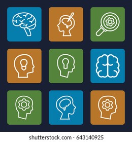 Brain icons set. set of 9 brain outline icons such as keyhole in head, gear in head, gear