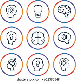 Brain icons set. set of 9 brain outline icons such as keyhole in head, gear in head, gear