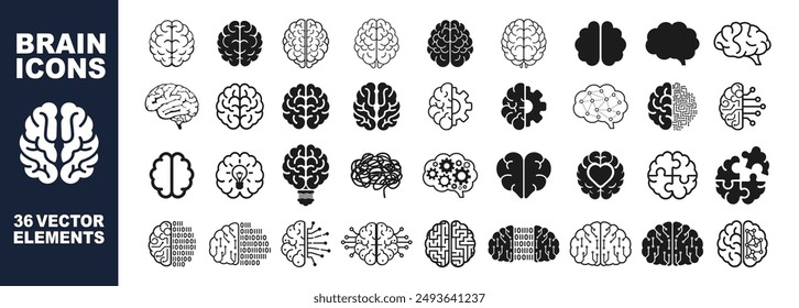 Brain icons set. Brain icons collection contains mind, cognition, thinking and Ai. 