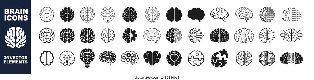 Brain icons set. Brain icons collection contains mind, cognition, thinking and Ai. 