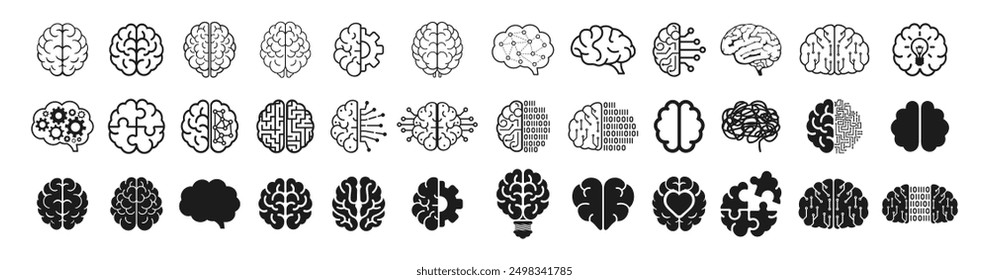 Brain icons set. Brain icons collection contains mind, cognition, thinking and Ai. 