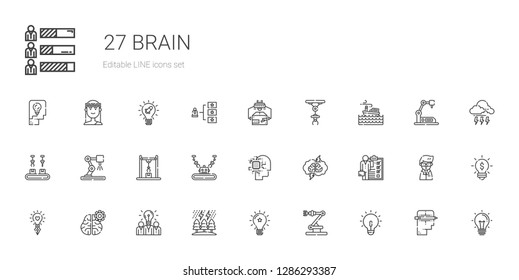 brain icons set. Collection of brain with idea, industrial robot, storm, mind, skills, brainstorming, artificial intelligence, creative, scientist. Editable and scalable brain icons.