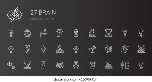 brain icons set. Collection of brain with storm, industrial robot, thinking, artificial intelligence, skills, idea, ideas, scientist, creative. Editable and scalable brain icons.
