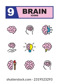 Iconos cerebrales. Conjunto que contiene íconos de cerebro, tormenta cerebral, ingenio, neurología y pensamiento.
