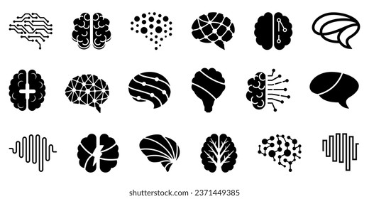 Brain icons. Set of different brain icons. Simple brain signs. Black brain icons