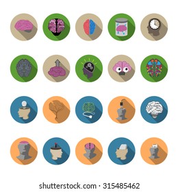 Brain icons set in flat design with long shadow. Illustration EPS10