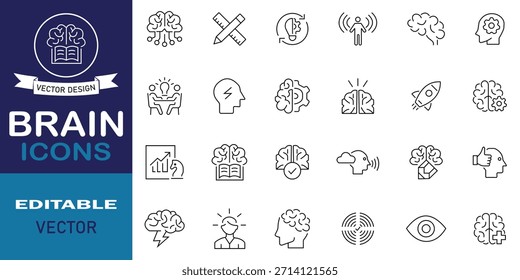 Iconos del cerebro establecidos en estilo de línea. Conjunto de 24 iconos de línea relacionados con el cerebro. Colección de símbolos de Clipart de líneas cerebrales de dibujo de contorno. Trazo editable. Ilustración vectorial.