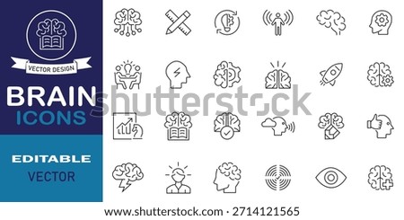 Brain icons set in line style. Set of 24 line icons related to brain. Outline drawing brain line clipart symbol collection. Editable stroke. Vector illustration.