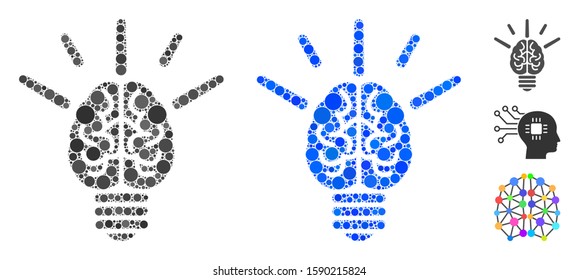 Brain idea bulb composition of filled circles in various sizes and shades, based on brain idea bulb icon. Vector filled circles are organized into blue composition.