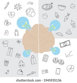 Le concept d'idée du cerveau sur la société dans les temps modernes, Réflexions sur le monde, infection par le virus de la corona, soins médicaux, nourriture, boisson, économie, affaires, finance, biens extravagants, image vectorielle 