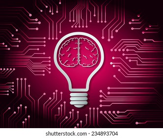 Brain Idea concept Light Bulb, circuit board background.