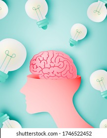 Brain with idea concept in paper art style and pastel color scheme