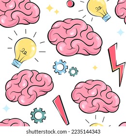 Brain, idea, creativity, geek seamless pattern. Light bulb, mind, flash, insight background