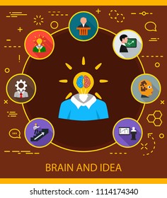 Brain and idea flat icons concept. Vector illustration. Element template for design.