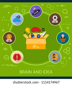 Brain and idea flat icons concept. Vector illustration. Element template for design.