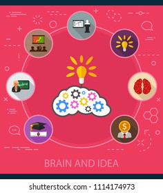 Brain and idea flat icons concept. Vector illustration. Element template for design.