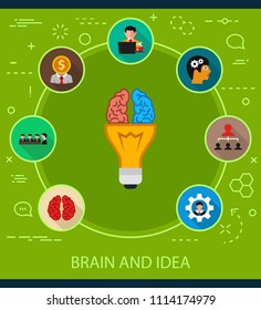 Brain and idea flat icons concept. Vector illustration. Element template for design.