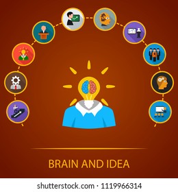 Brain and idea flat icons concept. Vector illustration. Element template for design.