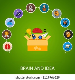 Brain and idea flat icons concept. Vector illustration. Element template for design.