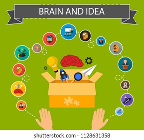 Brain and idea flat icons concept. Vector illustration. Element template for design.