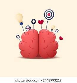 Brain with an idea in the form of a light bulb, a target with a goal, love with a heart and an action with a gear. Vector illustration.