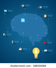 Brain idea geometric info graphics template design background with flat icons long shadows and bulb, vector illustration, Can use for business concept, idea brain storming.