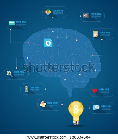 Brain idea geometric info graphics template design background with flat icons long shadows and bulb, vector illustration, Can use for business concept, idea brain storming.