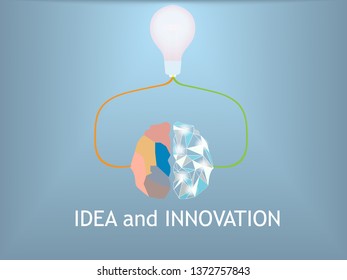 brain idea innovation vector,blighting lamp light with blue background,vector art and illustration 