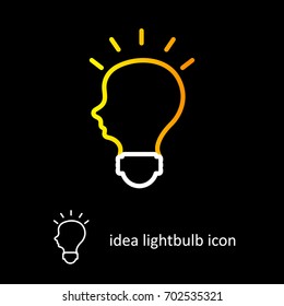 Brain idea light bulb icon isolated on black background. EPS10 vector illustration of thin line icon of human head assembling light bulb. Perfect design for logo, sign, symbol, banner, template, web.