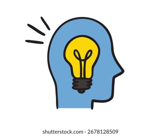 Idea del cerebro, cabeza del hombre del perfil, bombilla ardiente dentro del icono del garabato dibujado a mano. símbolo colorido del Clipart del dibujo animado. Ilustración vectorial